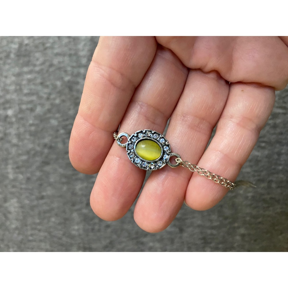 Silver Tone Lime Green Cats Eye Rhinestone Halo Double Chain Bracelet Dainty